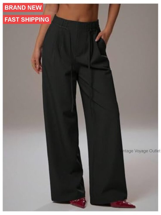 High Rise Wide Leg Trousers, Polyester Blend, Business Casual Office Pants - Picture 3 of 5